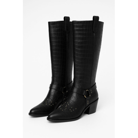 %100 Genuine Leather Women’s Cowboy Boots – Black Croco